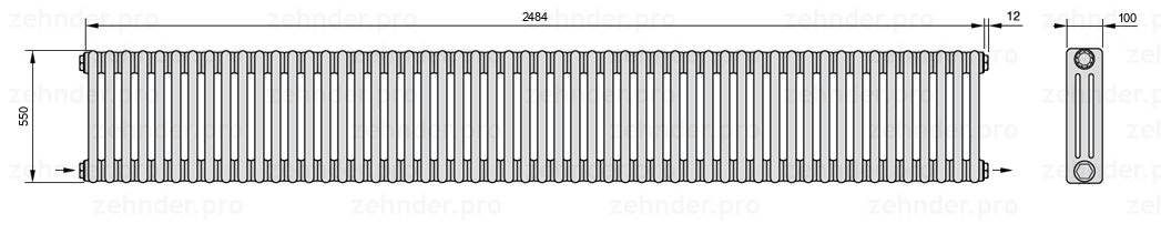 Схема (чертеж) Радиатор Zehnder Charleston 3055/54 №2670 Белый глянцевый RAL 9016